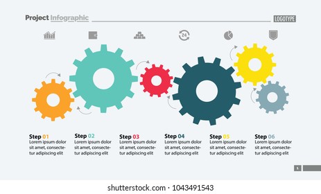 Six step process chart with cogwheel design. Element of chart, diagram, slide templates. Concept for inforgraphic, annual report, presentation. Can be used for topics like business, planning, strategy