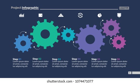 Six Step Process Chart With Cogwheel Design. Element Of Chart, Diagram, Slide Templates. Concept For Inforgraphic, Annual Report, Presentation. Can Be Used For Topics Like Business, Planning, Strategy