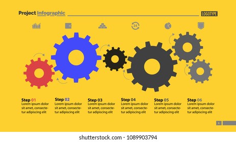 Six Step Process Chart With Cogwheel Design. Element Of Chart, Diagram, Slide Templates. Concept For Inforgraphic, Annual Report, Presentation. Can Be Used For Topics Like Business, Planning, Strategy