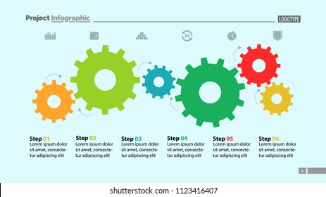 Six Step Process Chart With Cogwheel Design. Element Of Chart, Diagram, Slide Templates. Concept For Inforgraphic, Annual Report, Presentation. Can Be Used For Topics Like Business, Planning, Strategy