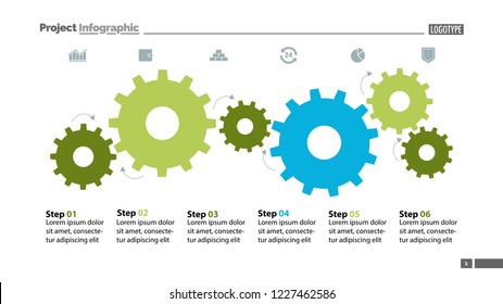 Six Step Process Chart With Cogwheel Design. Element Of Chart, Diagram, Slide Templates. Concept For Inforgraphic, Annual Report, Presentation. Can Be Used For Topics Like Business, Planning, Strategy