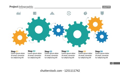 Six Step Process Chart With Cogwheel Design. Element Of Chart, Diagram, Slide Templates. Concept For Inforgraphic, Annual Report, Presentation. Can Be Used For Topics Like Business, Planning, Strategy