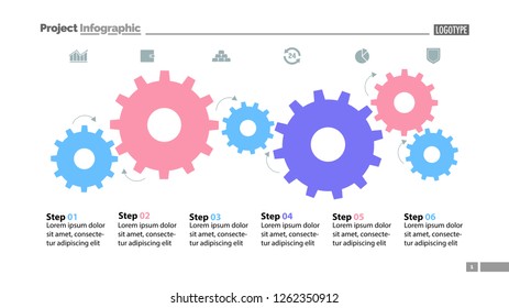 Six Step Process Chart With Cogwheel Design. Element Of Chart, Diagram, Slide Templates. Concept For Inforgraphic, Annual Report, Presentation. Can Be Used For Topics Like Business, Planning, Strategy