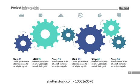 Six Step Process Chart With Cogwheel Design. Element Of Chart, Diagram, Slide Templates. Concept For Inforgraphic, Annual Report, Presentation. Can Be Used For Topics Like Business, Planning, Strategy