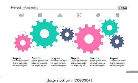 Six Step Process Chart With Cogwheel Design. Element Of Chart, Diagram, Slide Templates. Concept For Inforgraphic, Annual Report, Presentation. Can Be Used For Topics Like Business, Planning, Strategy