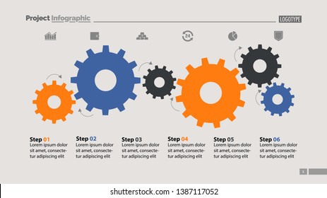 Six Step Process Chart With Cogwheel Design. Element Of Chart, Diagram, Slide Templates. Concept For Inforgraphic, Annual Report, Presentation. Can Be Used For Topics Like Business, Planning, Strategy