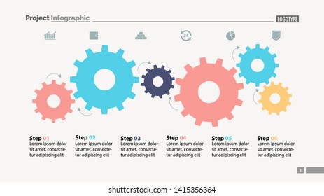 Six Step Process Chart With Cogwheel Design. Element Of Chart, Diagram, Slide Templates. Concept For Inforgraphic, Annual Report, Presentation. Can Be Used For Topics Like Business, Planning, Strategy