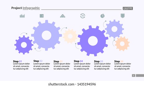 Six Step Process Chart With Cogwheel Design. Element Of Chart, Diagram, Slide Templates. Concept For Inforgraphic, Annual Report, Presentation. Can Be Used For Topics Like Business, Planning, Strategy