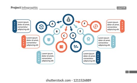Six step process chart design. Element of chart, diagram, infographic. Concept for presentation, annual report, slide template. Can be used for topics like business, finance, money