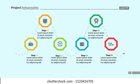 Six step process chart slide template. Business data. Design, step, chart. Creative concept for infographic s, report, template. Can be used for topics like management, strategy, workflow. 