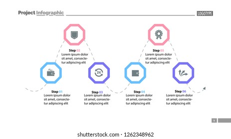 Six step process chart slide template. Business data. Design, step, chart. Creative concept for infographic s, report, template. Can be used for topics like management, strategy, workflow. 