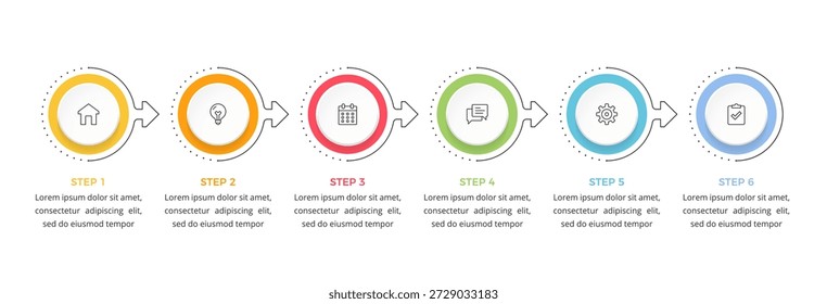 Six step process infographic with circular elements connected by arrows, showing a sequential workflow