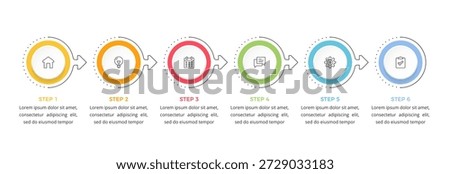 Six step process infographic with circular elements connected by arrows, showing a sequential workflow