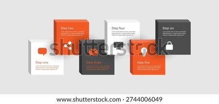Six step processes business strategy. 3D layout of infographics with financial icons and space for data