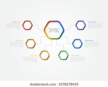 six steps 3d infographic template with hexagonal elements. business process template with options for brochure, diagram, workflow, timeline, web design