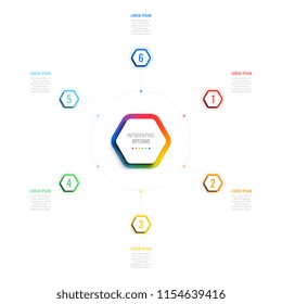 six steps 3d infographic template with hexagonal elements. business process template with options for brochure, diagram, workflow, timeline, web design