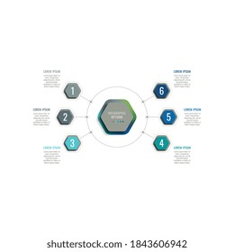 Six steps 3d infographic template with hexagonal elements. Business process data visualisation for annual report, brochure, diagram, workflow, timeline, web design. Eps 10