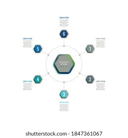 Seis pasos 3d plantilla de infografía con elementos hexagonales. Visualización de datos de procesos empresariales para informes anuales, folleto, diagrama, flujo de trabajo, cronograma, diseño web. Eps 10
