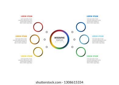six steps design layout infographic template with round 3d realistic paper cut elements. process diagram for brochure, annual report, poster, banner. eps 10