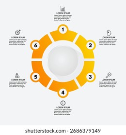 sechs Stufen Diagramm orangefarbener Zyklus infographisch	