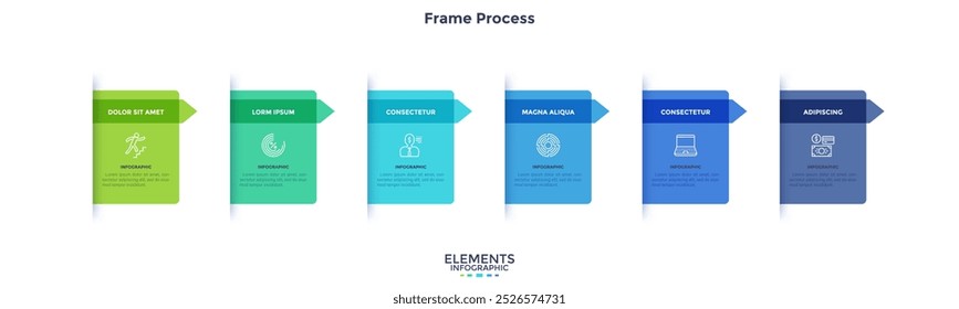 Seis etapas de processo retangular de inicialização eficaz modelo de design gráfico infográfico. Gráfico de informações de análise comercial com ícones. Gráficos de instrução com sequência. Apresentação de dados visuais