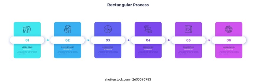 Six steps of effective startup rectangular process infographic chart design template. Business analytics infochart with icons. Instructional graphics with sequence. Visual data presentation
