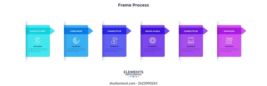 Seis etapas de processo retangular de inicialização eficaz modelo de design gráfico infográfico. Gráfico de informações de análise comercial com ícones. Gráficos de instrução com sequência. Apresentação de dados visuais