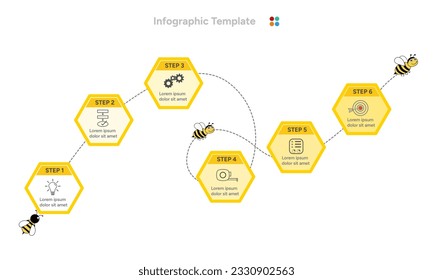 Seis pasos de la línea de tiempo de colmena hexagonal con infografía de iconos. Se puede utilizar para presentación, flujo de trabajo, diseño, proceso, diagrama, etc. Vector Infografía.