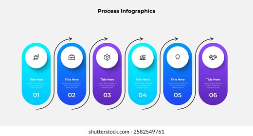 Six steps infographic design with gradient colors and icons representing workflow, steps, and processes, ideal for presentations or project planning