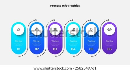 Six steps infographic design with gradient colors and icons representing workflow, steps, and processes, ideal for presentations or project planning