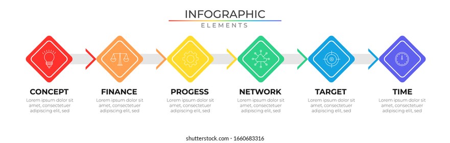 Six steps infographic design template with icons and arrow. Modern vector for company or corporate business project and presentation. Eps 10