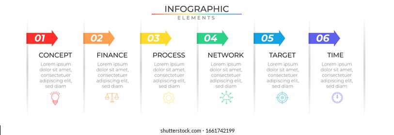 Six steps infographic design template with icons and colorful arrow elements. Vector for company or corporate business project and presentation. Eps 10