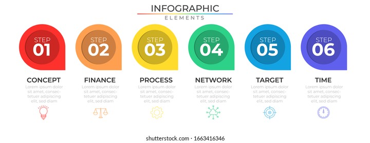 Six steps infographic design template with icons and pin point elements. Vector illustration for company and corporate business project and presentation. Eps 10