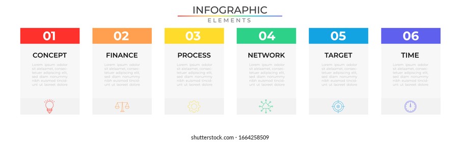 Six steps infographic design template with icons and resctangle elements. Data process visualization. Vector illustration for company and corporate business project and presentation. Eps 10