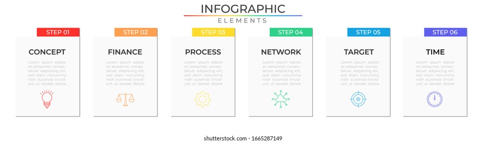 Seis pasos de plantilla de diseño gráfico con iconos. Visualización de procesos de datos. Ilustración vectorial para el proyecto y presentación de empresas y empresas. Eps 10