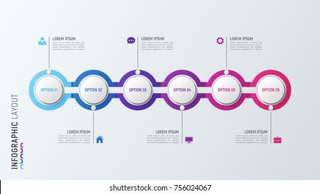 Six steps infographic process chart. 6 options vector template for presentations, data visualization, layouts, annual reports, web design.