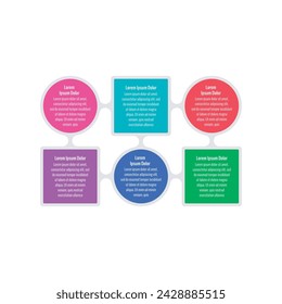 six steps infographic template. colorful squares and circles informational template. infographic template for annual report, magazine. infographic template for business, industry, technology, science
