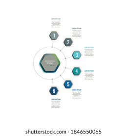 Modèle infographique en six étapes avec des éléments hexagonaux 3d réalistes. Visualisation des données des processus d'entreprise pour le rapport annuel, la brochure, le diagramme, le flux de travail, la chronologie, la conception Web. Eps10