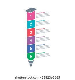 six steps infographic template. science, education, annual report, magazine information template. pen and school cap infographic template