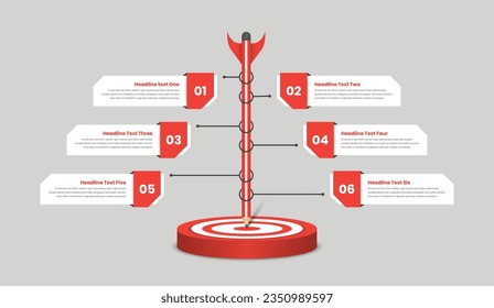 Six steps infographic template with a standing pencil on a circular target center