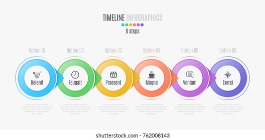 Six steps infographic timeline, presentation, report, web design, layout.