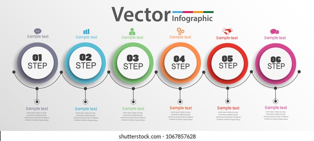 Six steps infographics with colorful circles. Can be used for workflow layout, diagram, business step options, banner, web design. Vector Eps 10