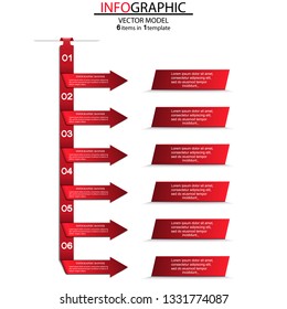 Six steps of the infographics in the form of red arrows that point to the plates.Can be used as a business,advertising,presentation,diagram,workflow layout,banner,flow chart,concepts,tables.