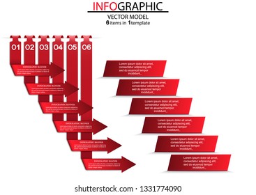 Six steps of the infographics in the form of red arrows that point to the plates.Can be used as a business,advertising,presentation,diagram,workflow layout,banner,flow chart,concepts,tables.