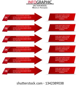 Six steps of the infographics in the form of red arrows that point to the plates.Can be used as a business,advertising,presentation,diagram,workflow layout,banner,flow chart,concepts,tables.