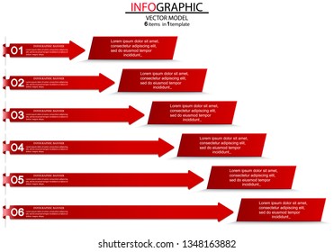Six steps of the infographics in the form of red arrows that point to the plates.Can be used as a business,advertising,presentation,diagram,workflow layout,banner,flow chart,concepts,tables.