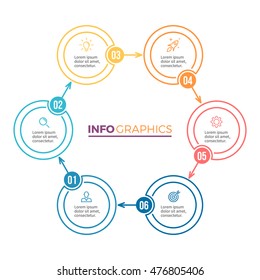 Six steps infographics. Linear diagram, chart with 6 parts. Vector design element.