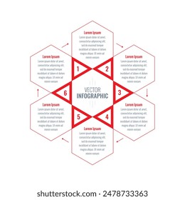 six steps information template. red hexagons infographic template. Infographic template for technology, industry, education, business and science. book, annual report, magazine information template