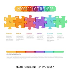 Plantilla infográfica multiusos de seis pasos con piezas de rompecabezas en estilo de superposición de arco iris. Simple Plantilla de diseño de puzzle infográfico multipropósito.