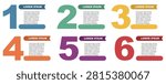 Six steps numbered option banner vector set featuring colorful large numbers header text boxes white background presentation layout design